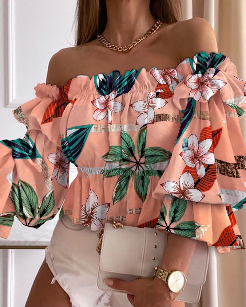 

Floral Tropical Print Off Shoulder Peplum Top, Orange