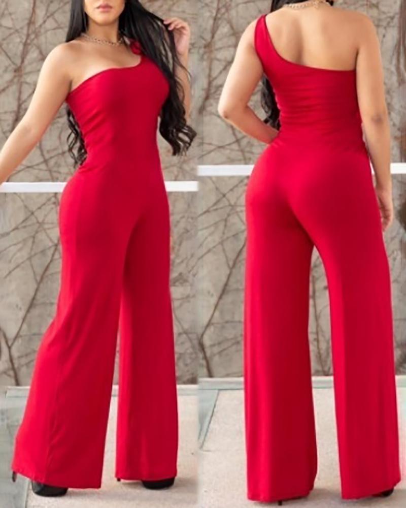 

One Shoulder Tied Detail Skinny Jumpsuit, Red