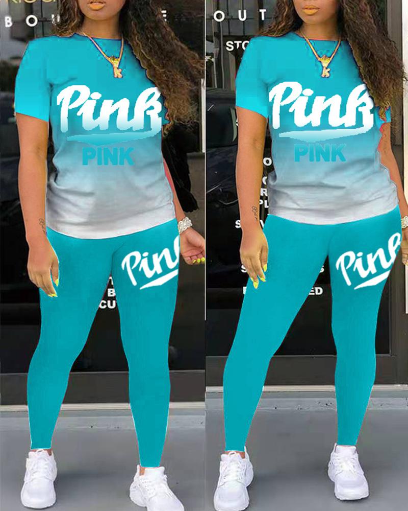 

Ombre Colorblock Letter Print T-shirt & Pants Set, Blue