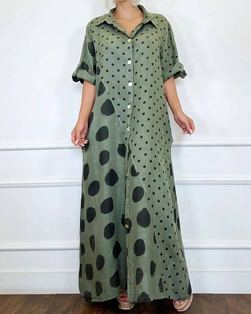 

Polka Dot Print Button Down Shirt Dress, Green