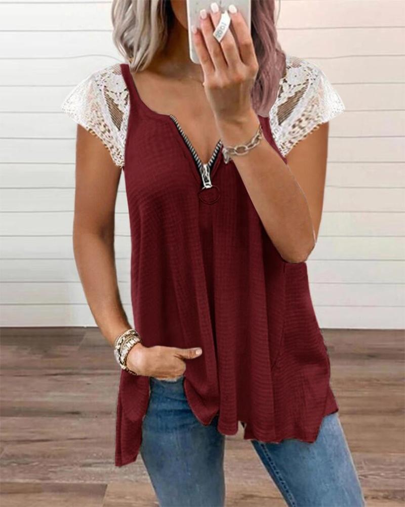 

Waffle Knit Contrast Lace Zip Front Top, Wine red