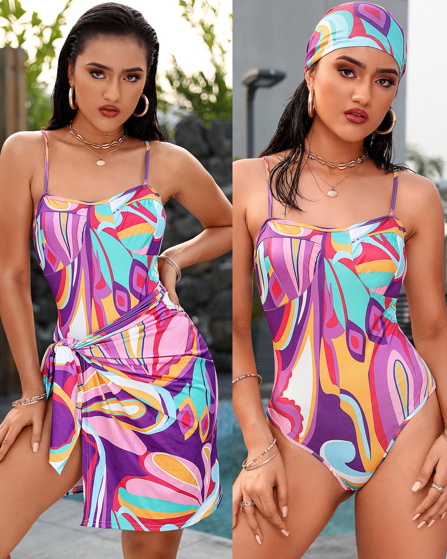 

Colorblock One Piece Swimsuit With Scarf, Multicolor