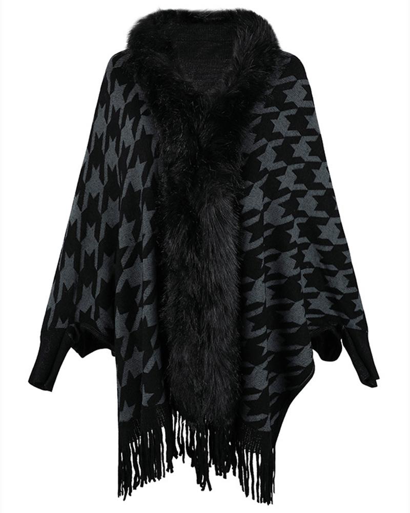 

Houndstooth Print Fringe Hem Faux Fur Patch Poncho Knit Cardigan, Black