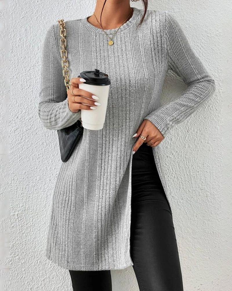 

O-Neck Long Sleeve Slit Ribbed Top, Gray