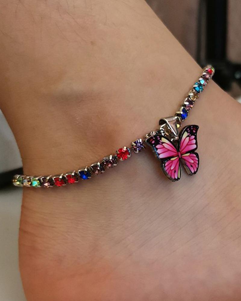 

1pc Colorful Rhinestone Decor Butterfly Pendant Anklet, Hot pink