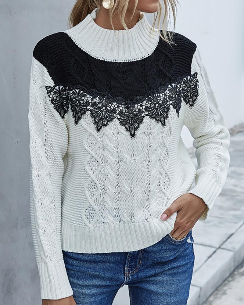 

Guipure Lace Colorblock Braided Sweater, White