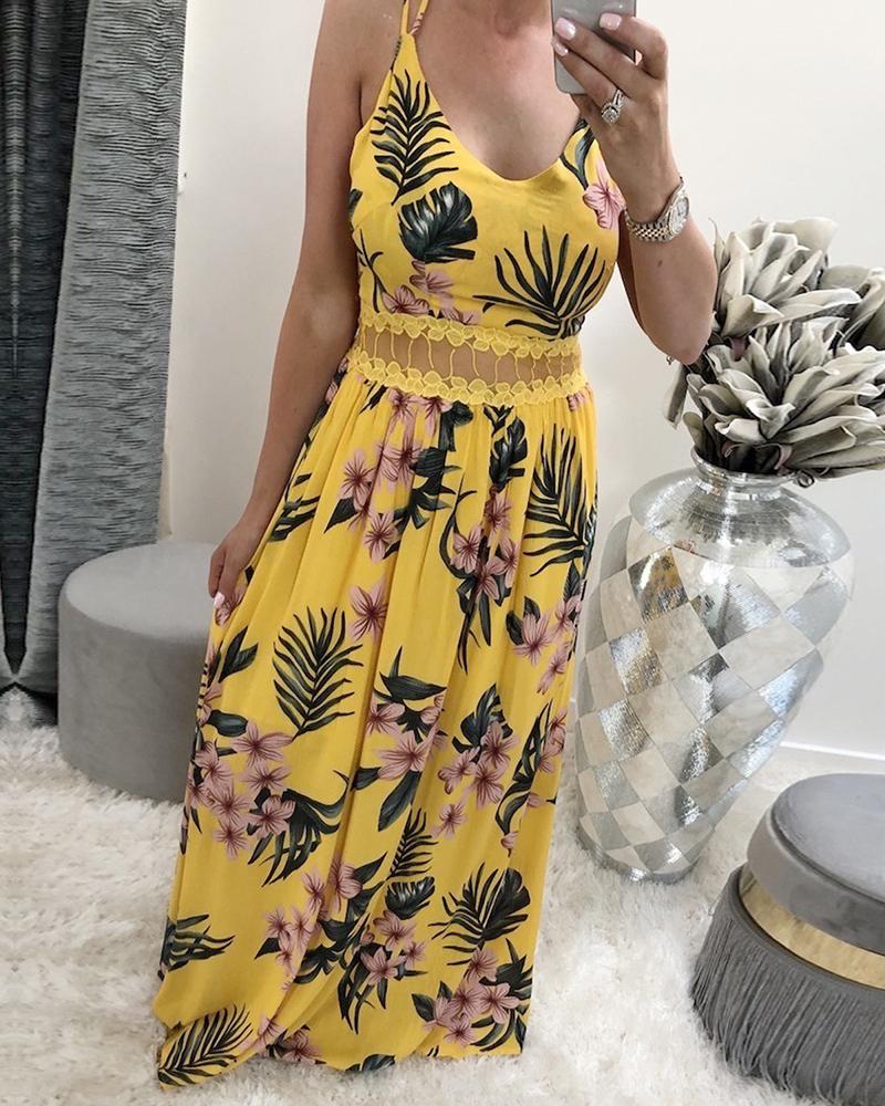 

Lace Patch Sheer Mesh Tropical Print Dress, Yellow