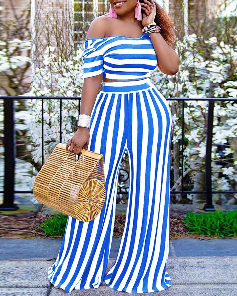 

Striped Print Crop Top & Wide Leg Pants Set, Blue