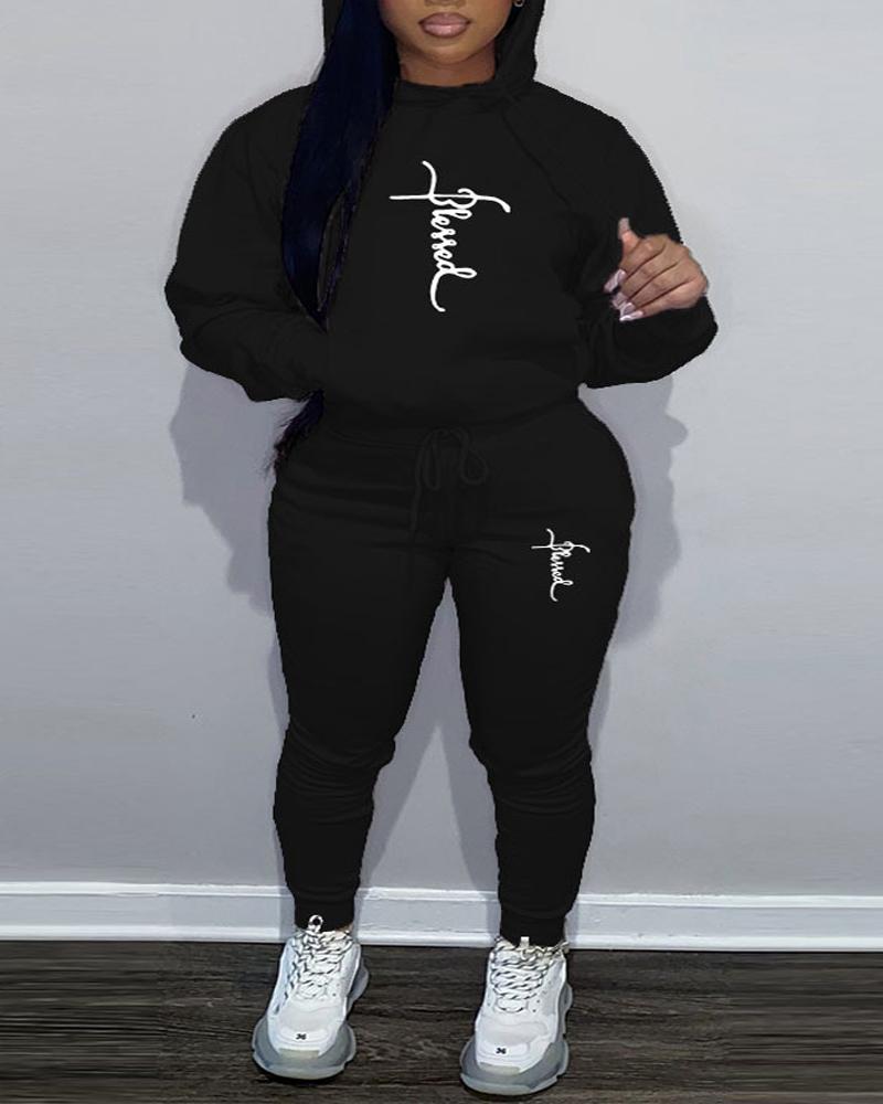 

Plus Size Letter Print Casual Hoodie & Pants Set, Black