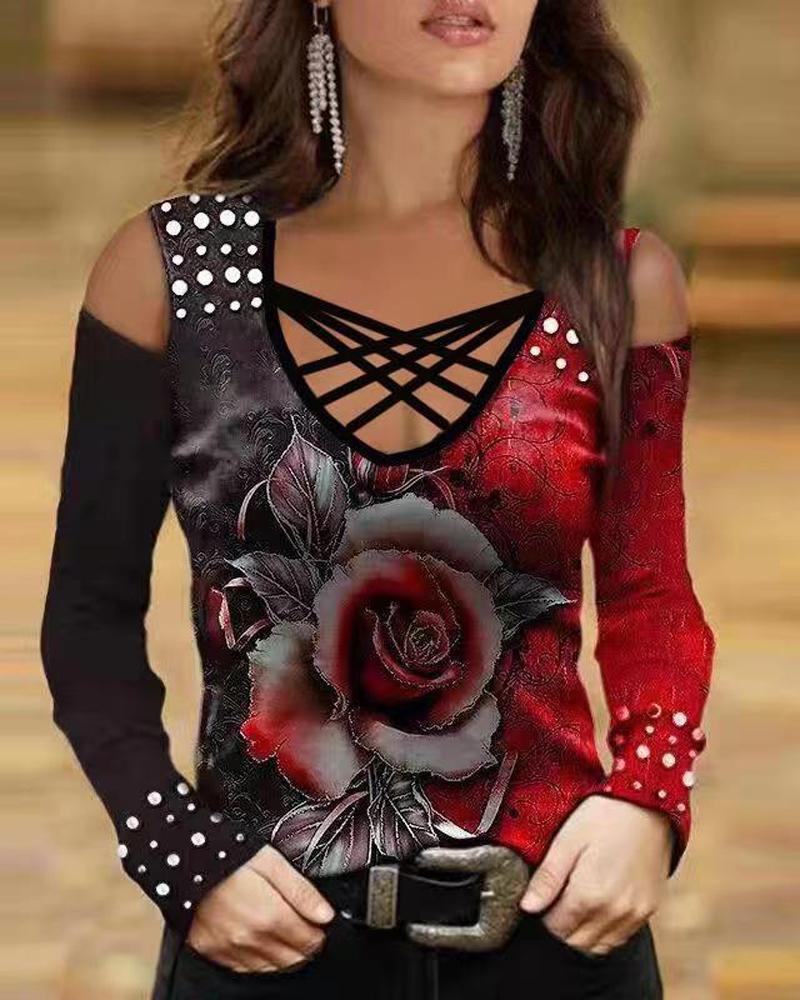 

Floral Print Beaded Cold Shoulder Top, Red