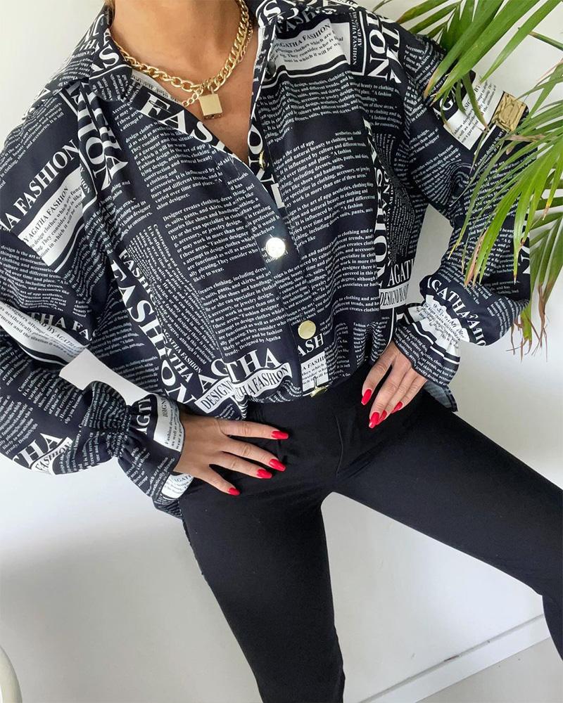 

Newspaper Print Bell Sleeve Button Up Top, Black