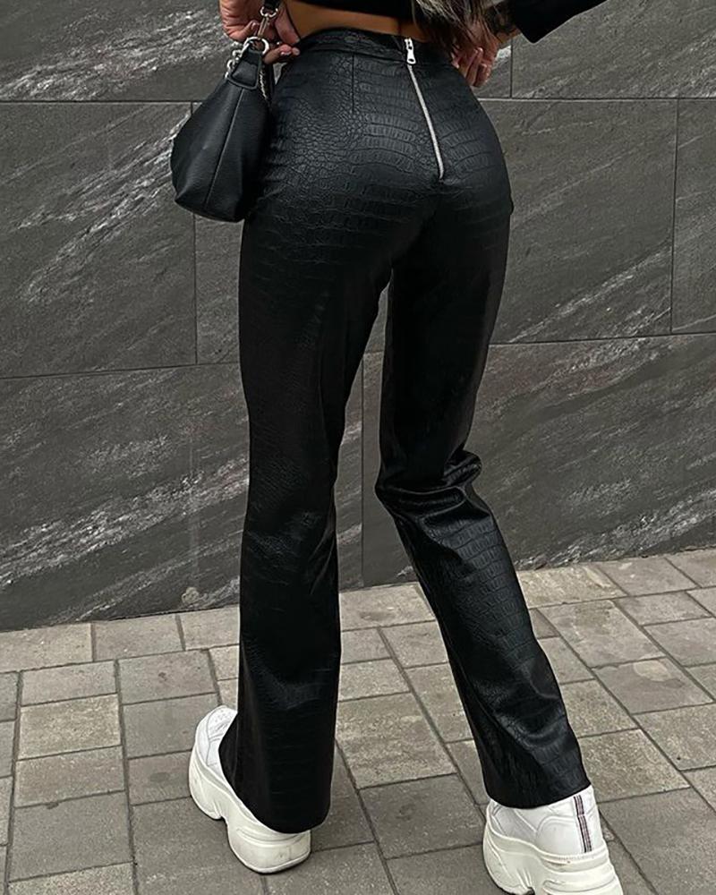 

PU Leather Snakeskin Pattern Zipper Decor Slit Straight Pants, Black