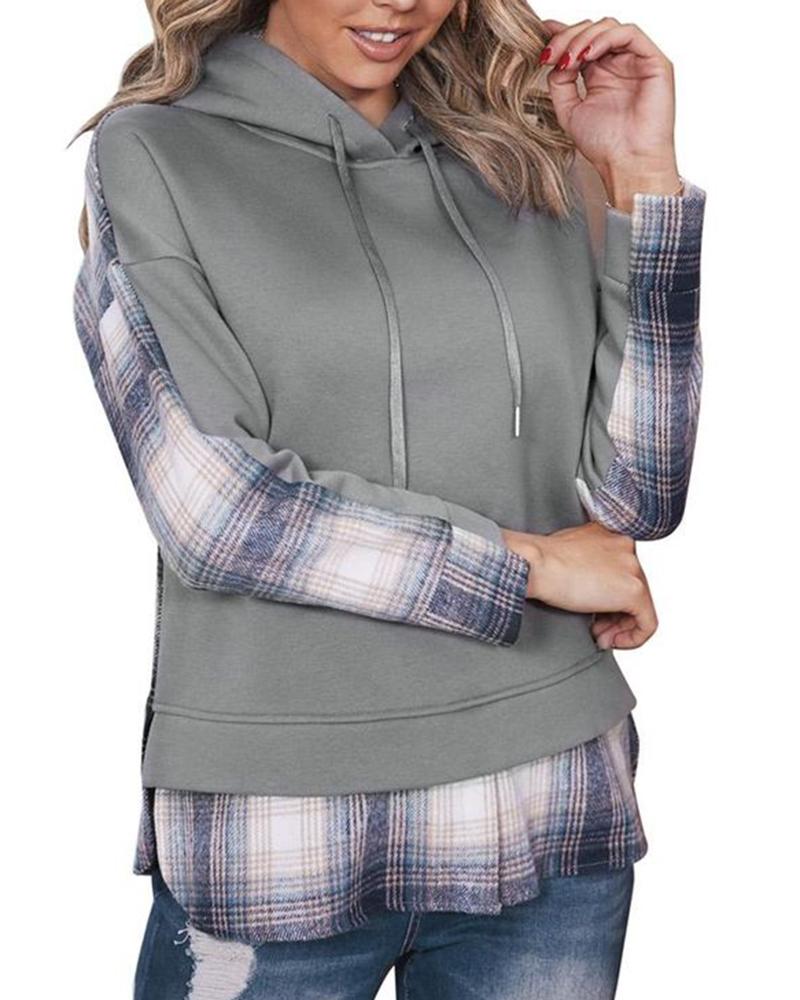 

Plaid Print Drawstring Hooded Sweatshirt, Blue