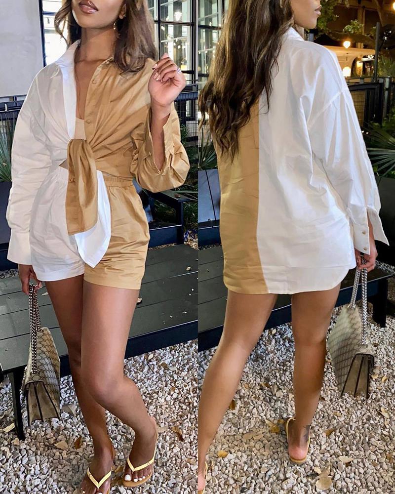 

Colorblock Button Down Shirt & Shorts Set, Khaki