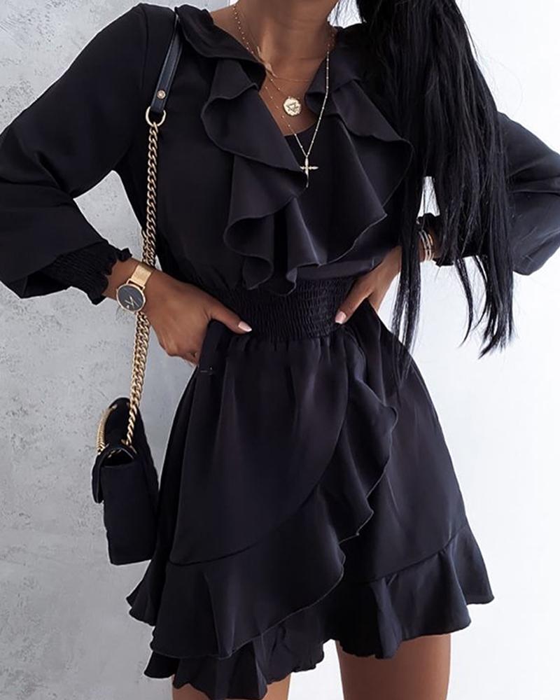 

Solid Long Sleeve Ruffles Loose Skinny Waist Mini Dress, Black