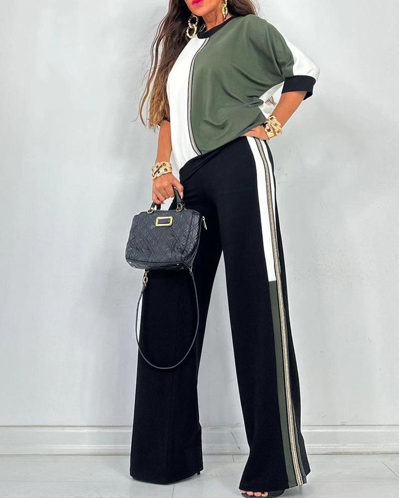 

Colorblock Top & Striped Wide Leg Pants Set, Green