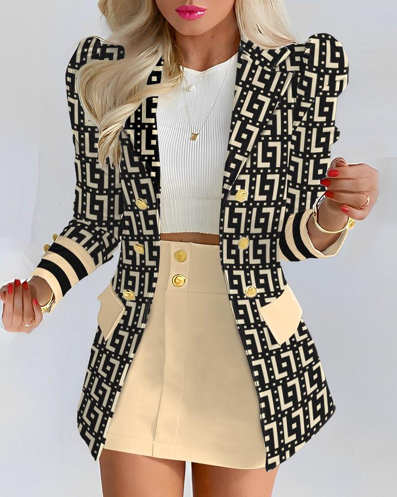 

Geometric Print Striped Buttoned Blazer Coat & Skirt Set, Apricot