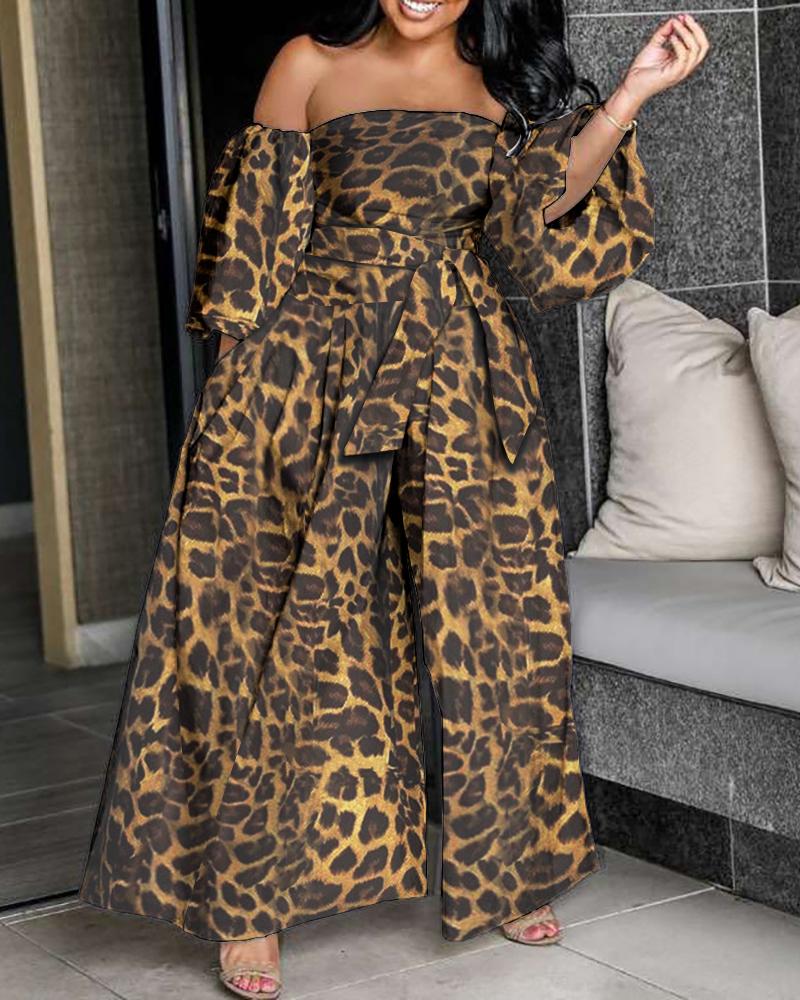 

Leopard Print Off Shoulder Lantern Sleeve Wide Leg Jumpsuit