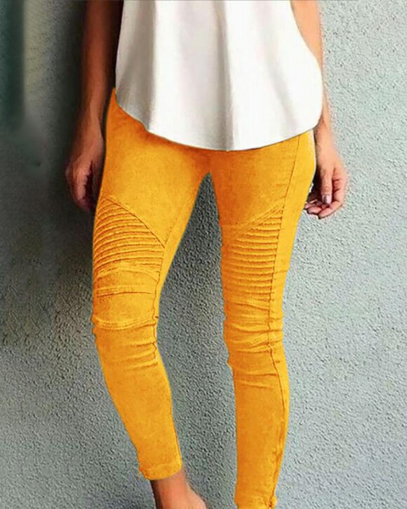 

Stretchy Pleated Ankle Zipper Pants, Yellow