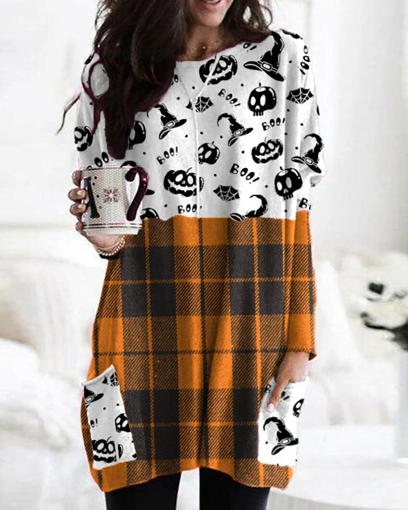 

Halloween Mixed Plaid Print Colorblock Casual Top, Yellow