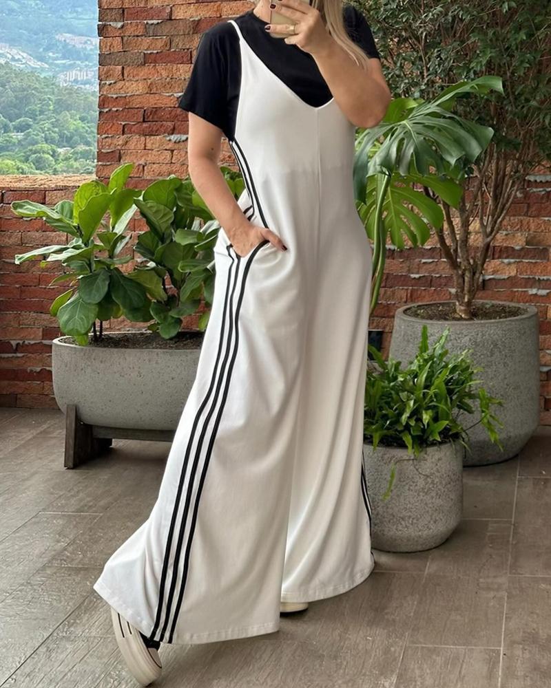 

Striped V-Neck Wide Leg Suspender Jumpsuit, White