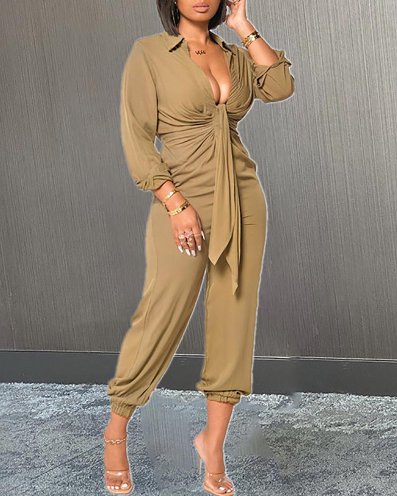 

Long Sleeve Plunge Ruched Tied Front Jumpsuit, Khaki