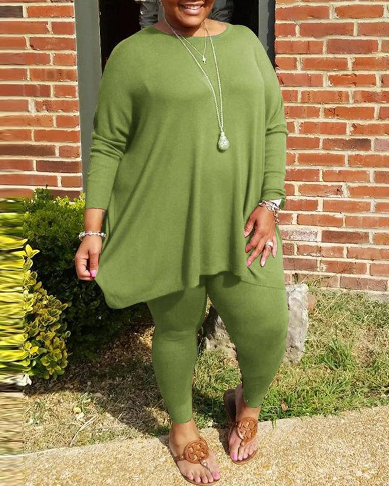 

Solid Long Sleeve T-shirt With Harem Pants Suit Sets, Green