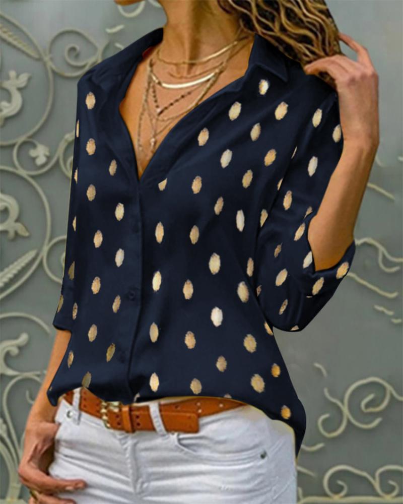 

Polka Dot Print Button Front Blouse, Purplish blue