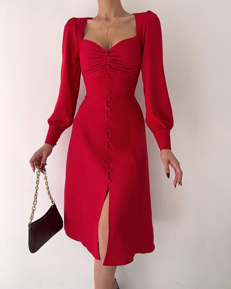 

Lantern Sleeve Button Design Ruched Slit Casual Dress, Red