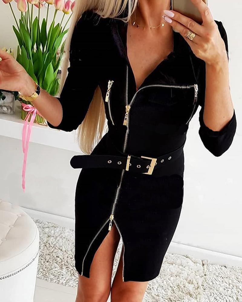 

Solid Long Sleeve Loose Skinny Wasit Zipper Closure Mini Dress, Black