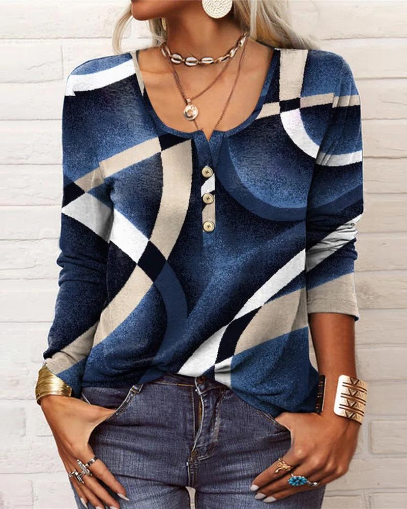 

Geometric Print Long Sleeve Top, Blue