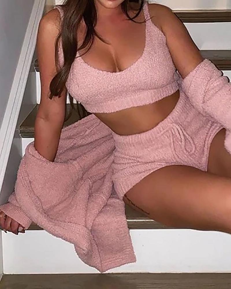 

Sleeveless Fluffy Top & Drawstring Shorts Set With Cardigan, Pink