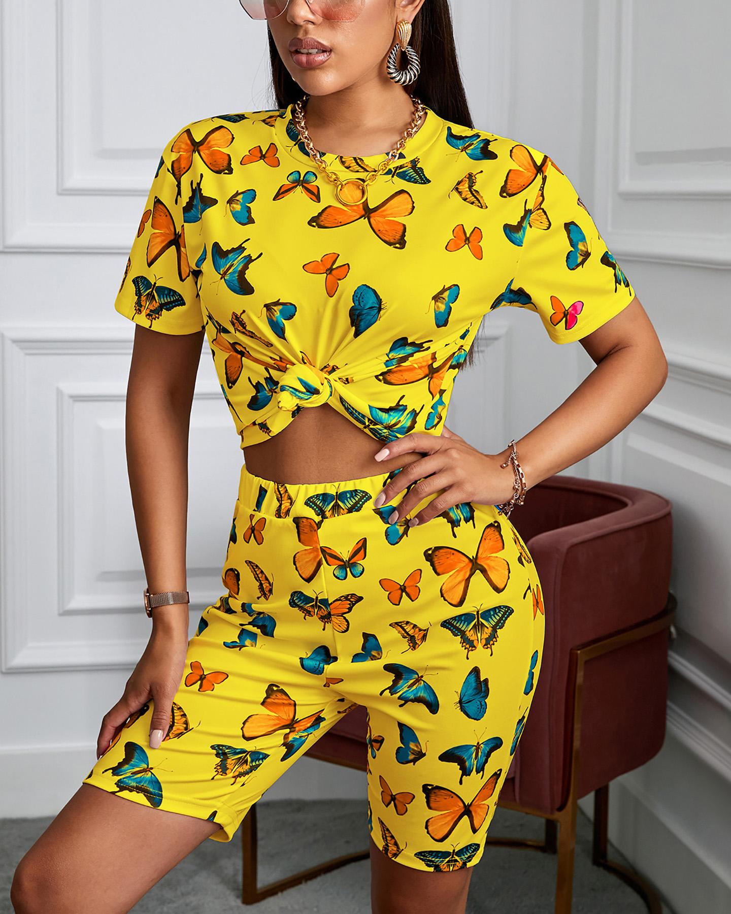 

Short Sleeve Butterfly Printed Top & Short Sets, Yellow