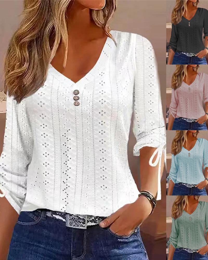 

Eyelet Embroidery Drawstring V-Neck Top, White