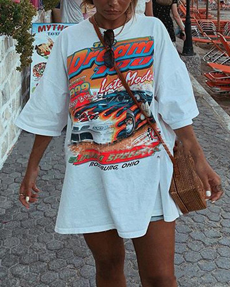 

Retro Print Mid-length Oversized T-shirt, White