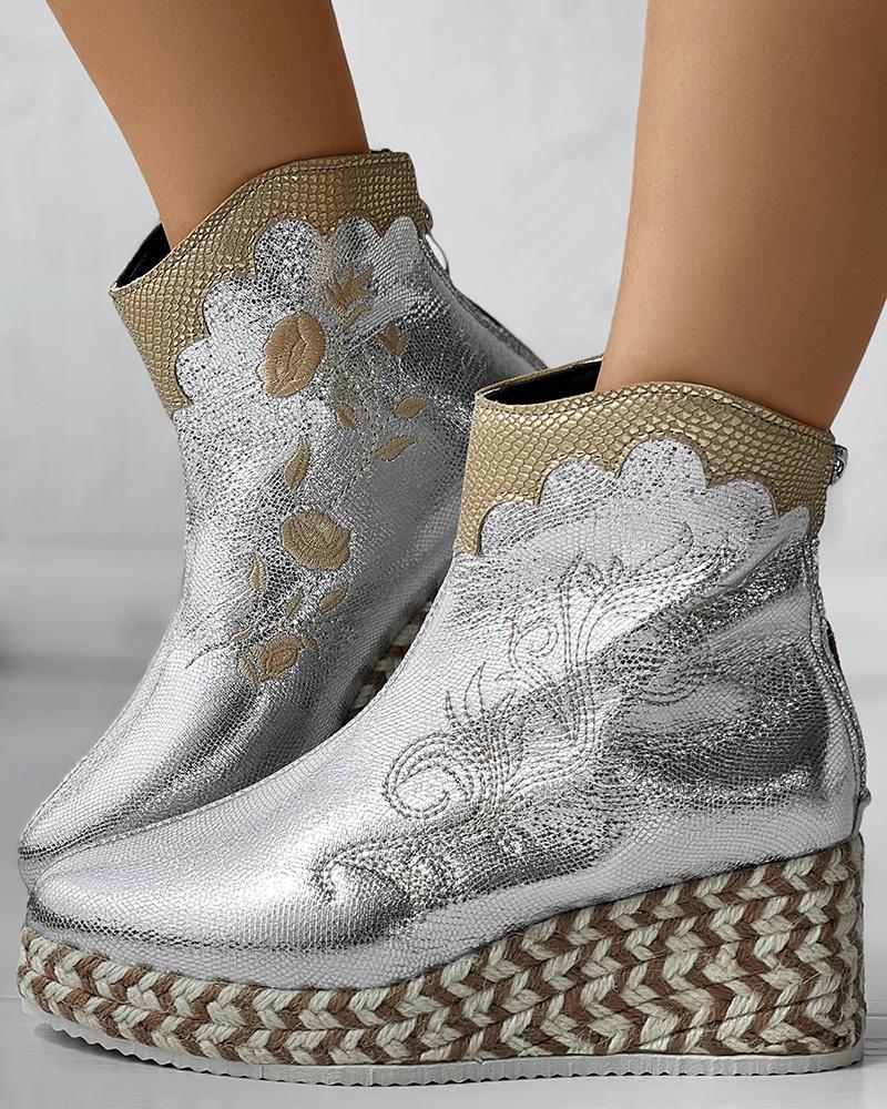 

Metallic Floral Embroidery Sequin Espadrilles Platform Wedge Ankle Boots, Silver