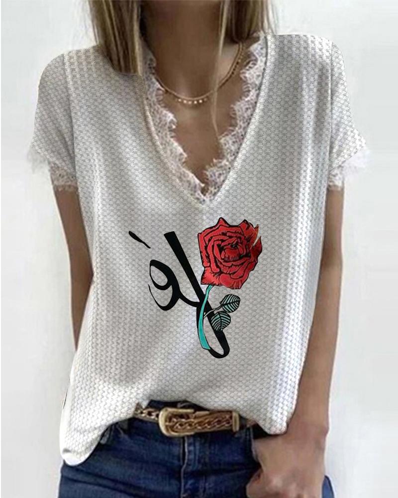 

Waffle Check Lace Trim Floral Print Patchwork Top, White