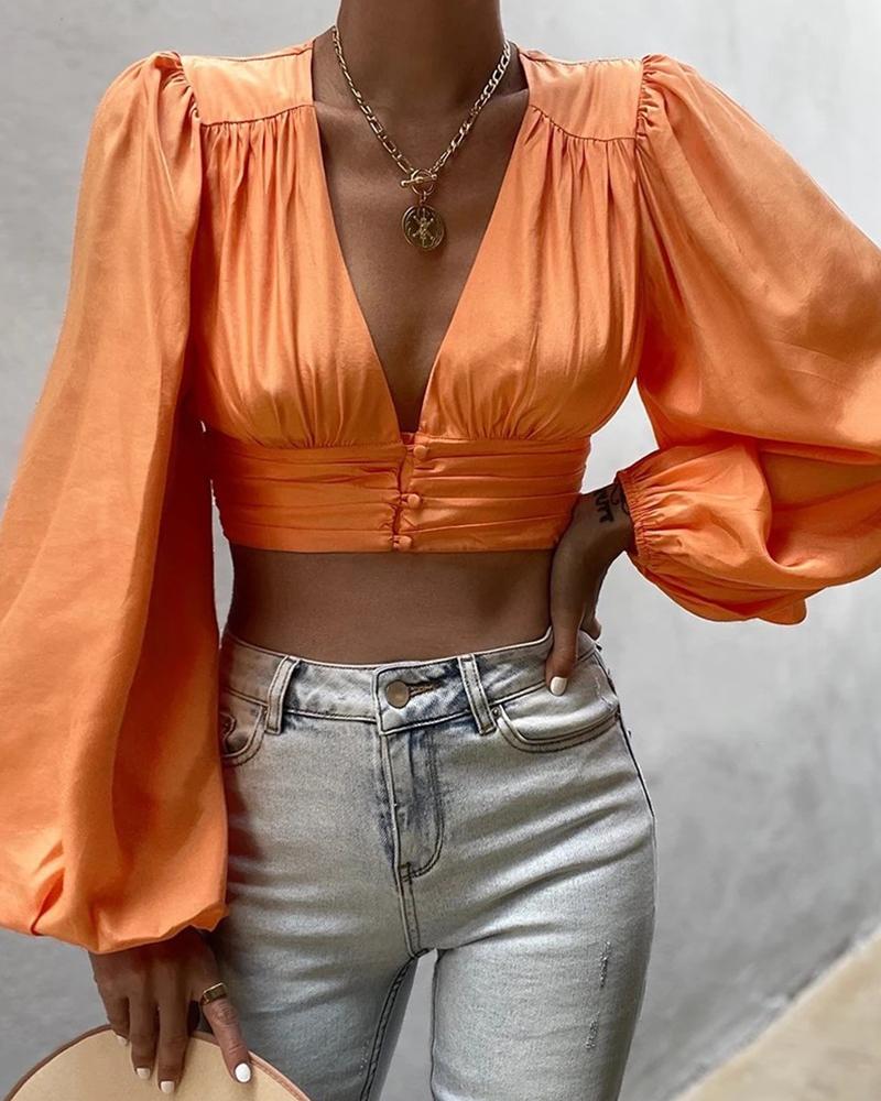 

Solid V-Neck Tie Back Crop Top, Orange