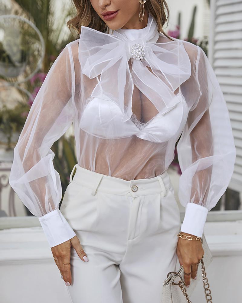 

Lantern Sleeve Tie Neck Organza Top, White