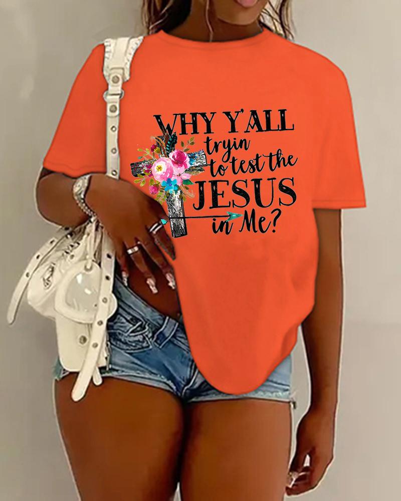 

Floral Cross Graphic Slogan Print Crew Neck Casual T-shirt, Orange