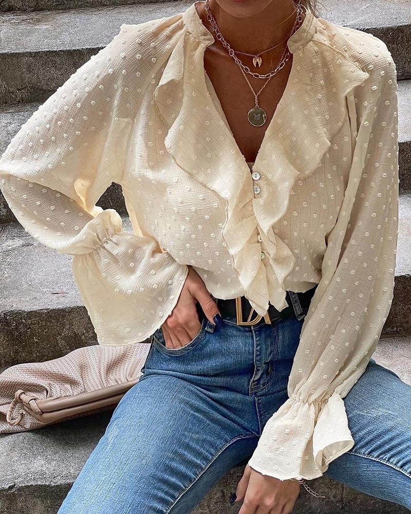 

Polka Dot Print V Neck Ruffle Hem Blouse, Apricot