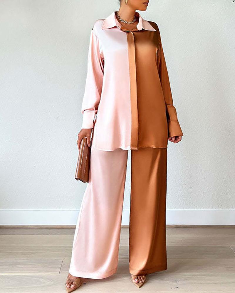 

Colorblock Long Sleeve Casual Top & Pants Set, Brown