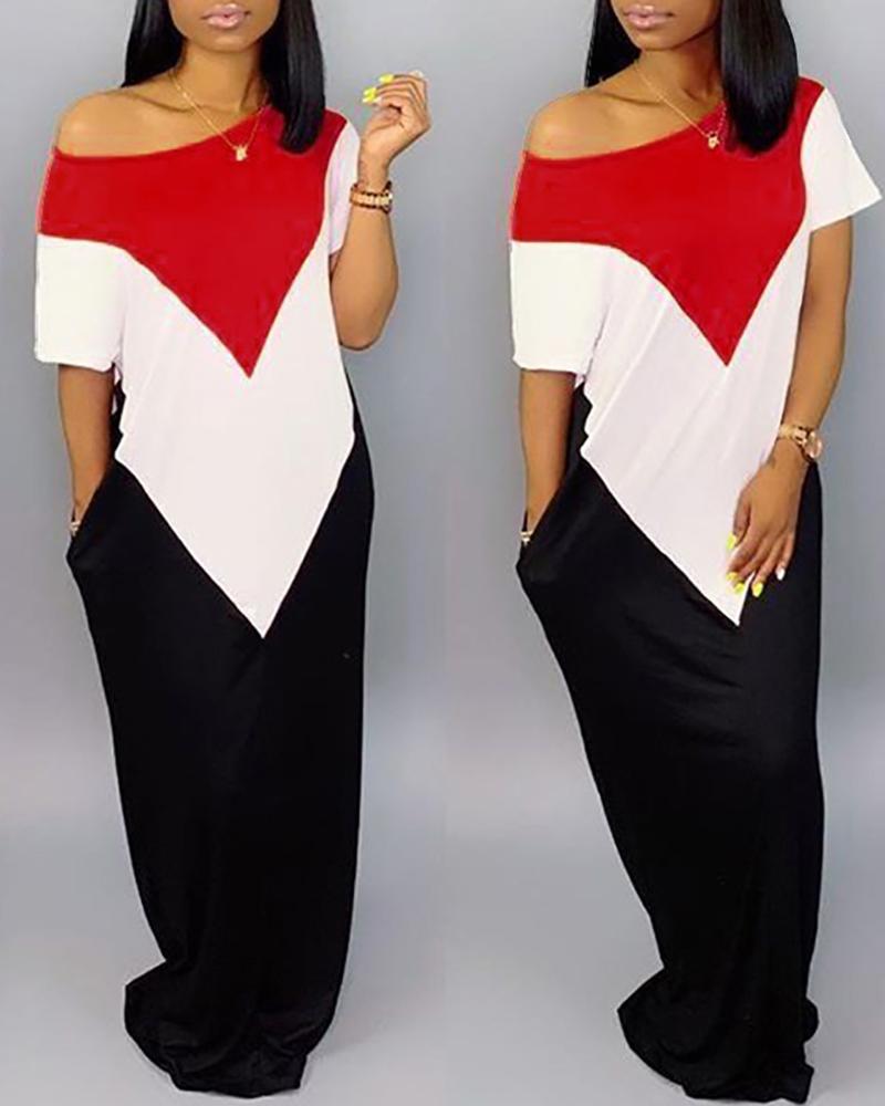 

Loose Colorblock One Shoulder Casual Maxi Dress, Red