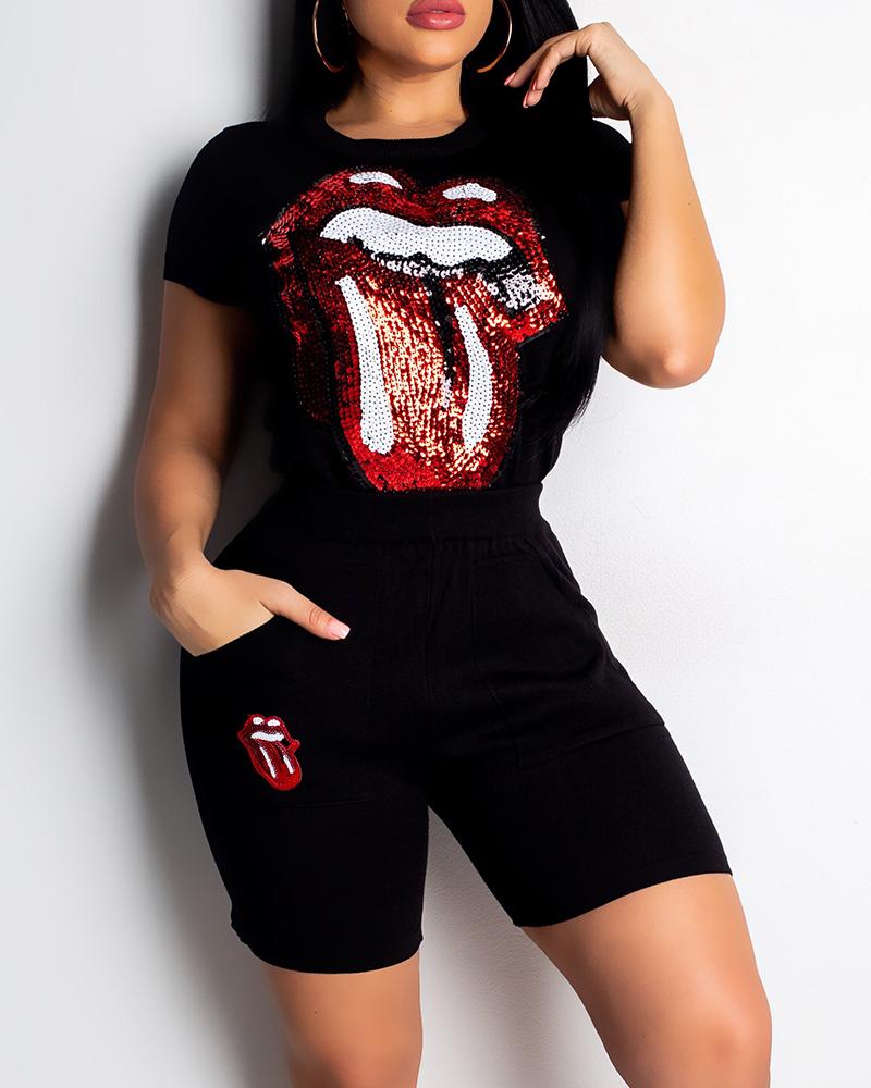 

Lip Splicing Sequin Print Short Sleeve T-shirt With Short Pants Suit Sets, Black