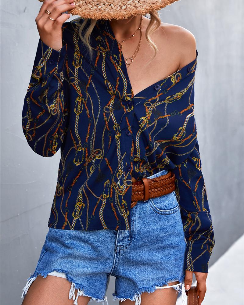 

Chain Scarf Print Long Sleeve Shirt, Blue