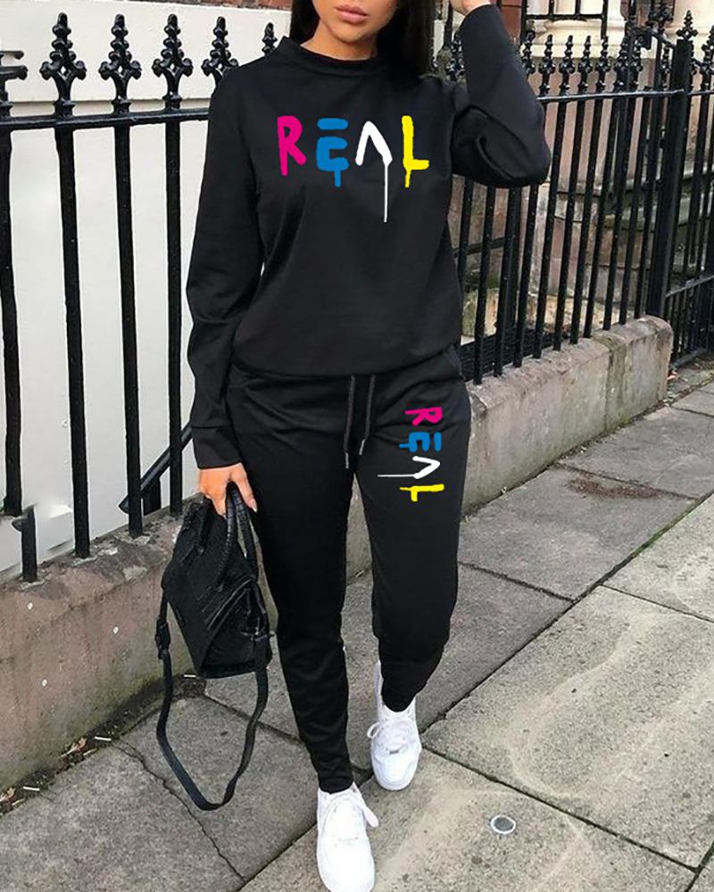 

Letter Print Sweatshirt & Drawstring Pocket Design Pants Set, Black