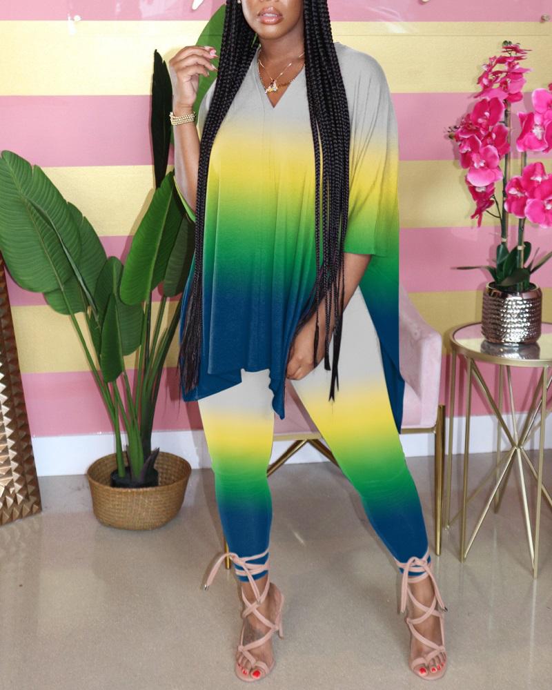 

Ombre Split Hem Top & High Waist Pants Set, Green