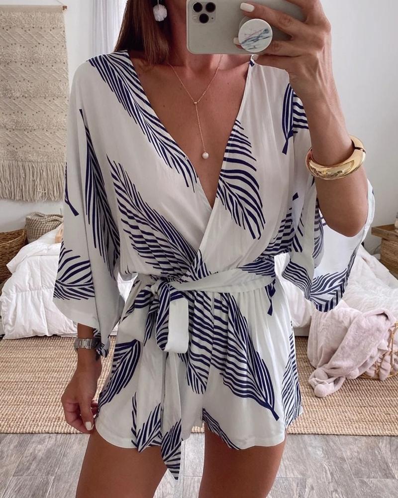 

Palm Leaf Print Plunge Casual Romper, Blue