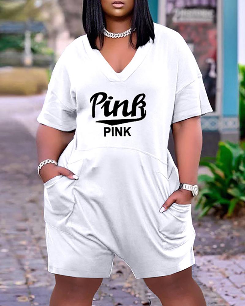 

Pocket Design Letter Print Short Sleeve Romper, White