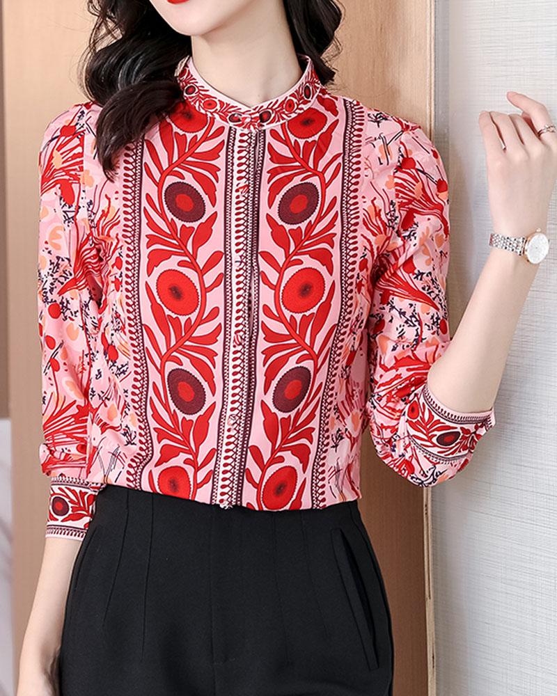 

Graphic Print Long Sleeve Button Up Top, Red